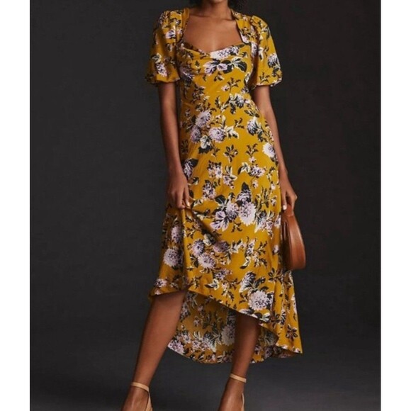 Anthropologie Maeve Midi Dress Size 14 Hi-Low Puff Sleeve Mustard Gold Floral - Picture 12 of 13